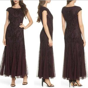 NWT Pisarro Nights Embellished Mesh A-Line Gown [SZ 8] in Wine Color